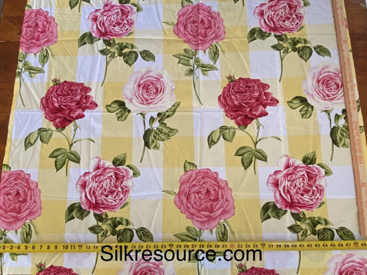 Scalamandre Gertrude’s Rose Cotton Print Pink Rose On Yellow Plaid 1.3y MSRP USD 200+/yd