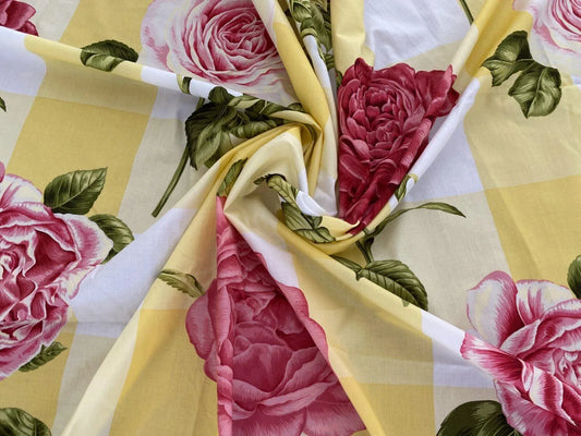 Scalamandre Gertrude’s Rose Cotton - Pink Rose On Yellow Plaid
