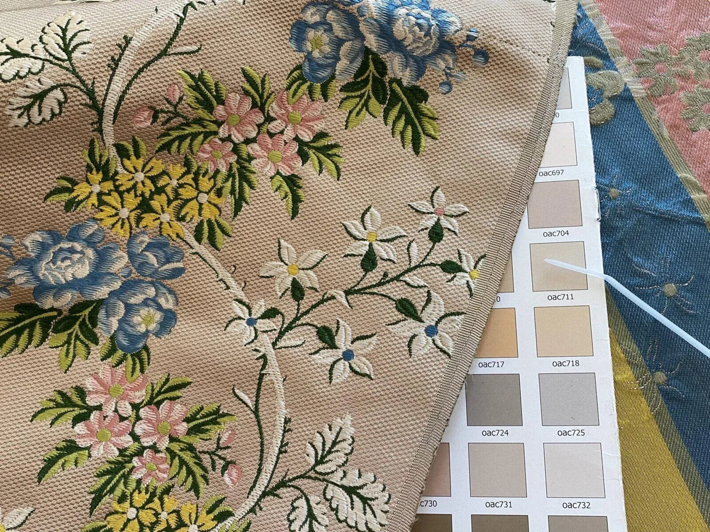 2.5y Tassinari &amp; Chatel Scalamandre 100% Silk Lampas “la Favorite” Flower Lace Pink Blue Green Yellow MSRP USD 2180/yard