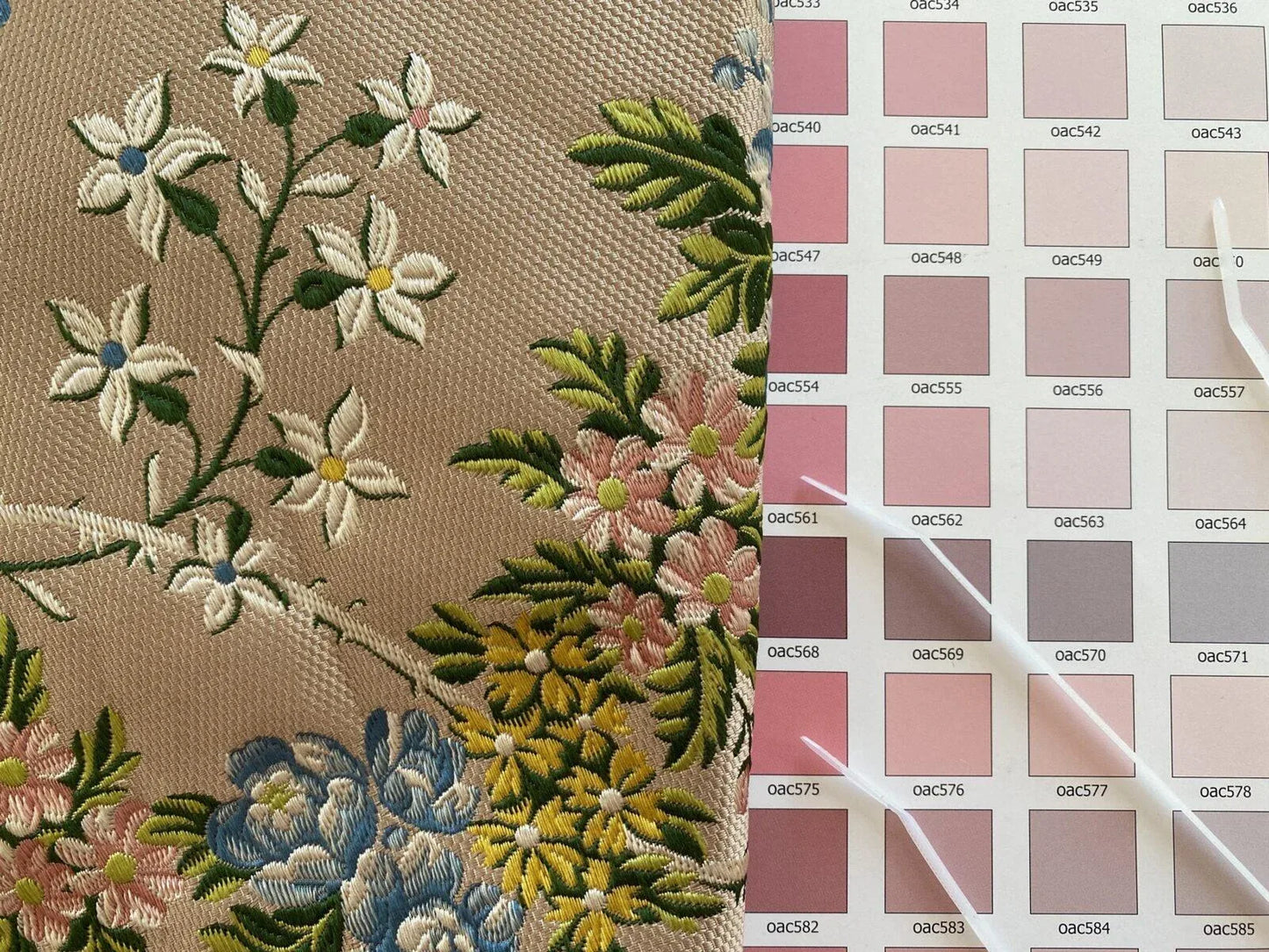 2.5y Tassinari &amp; Chatel Scalamandre 100% Silk Lampas “la Favorite” Flower Lace Pink Blue Green Yellow MSRP USD 2180/yard