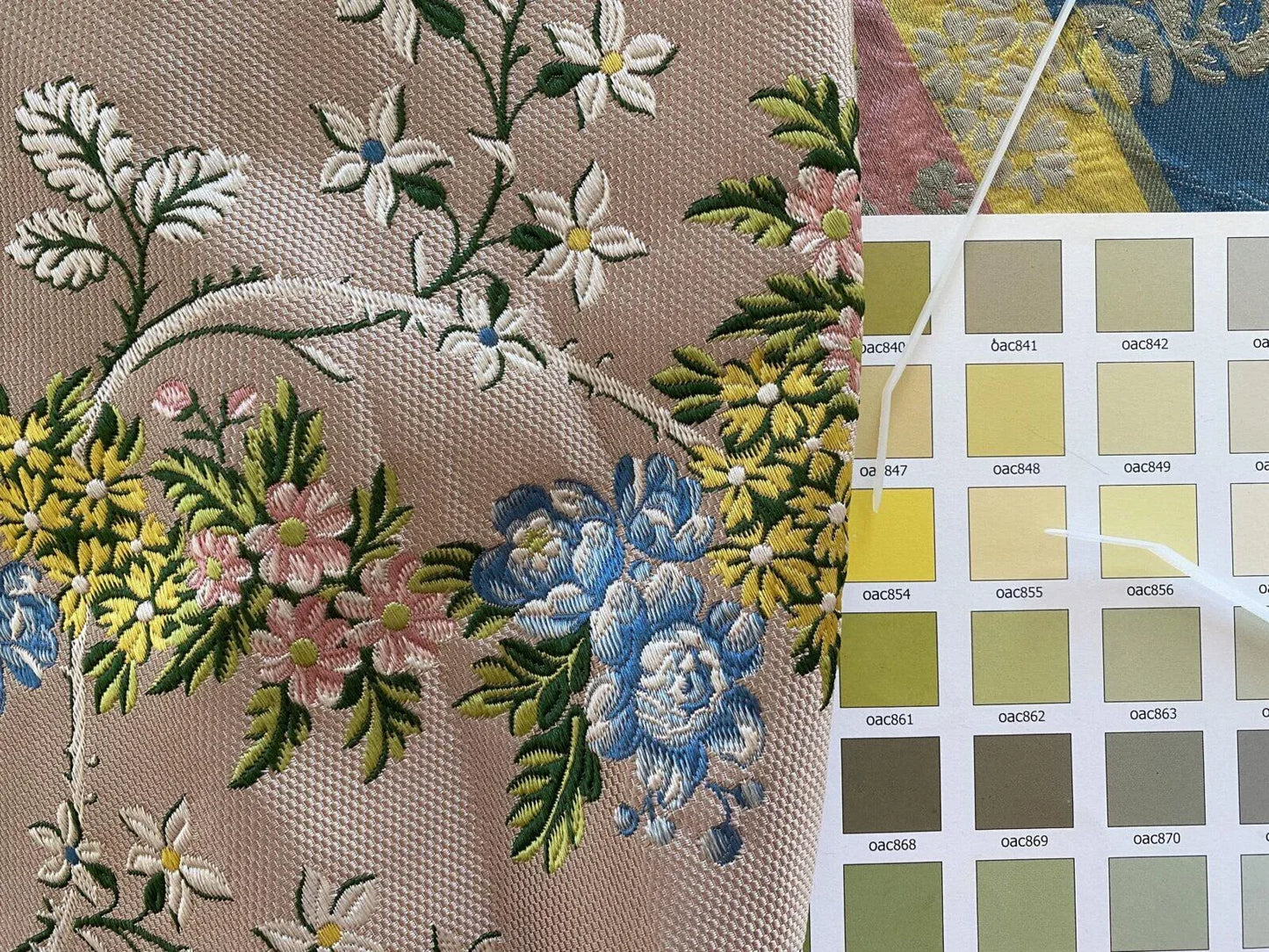 2.5y Tassinari &amp; Chatel Scalamandre 100% Silk Lampas “la Favorite” Flower Lace Pink Blue Green Yellow MSRP USD 2180/yard