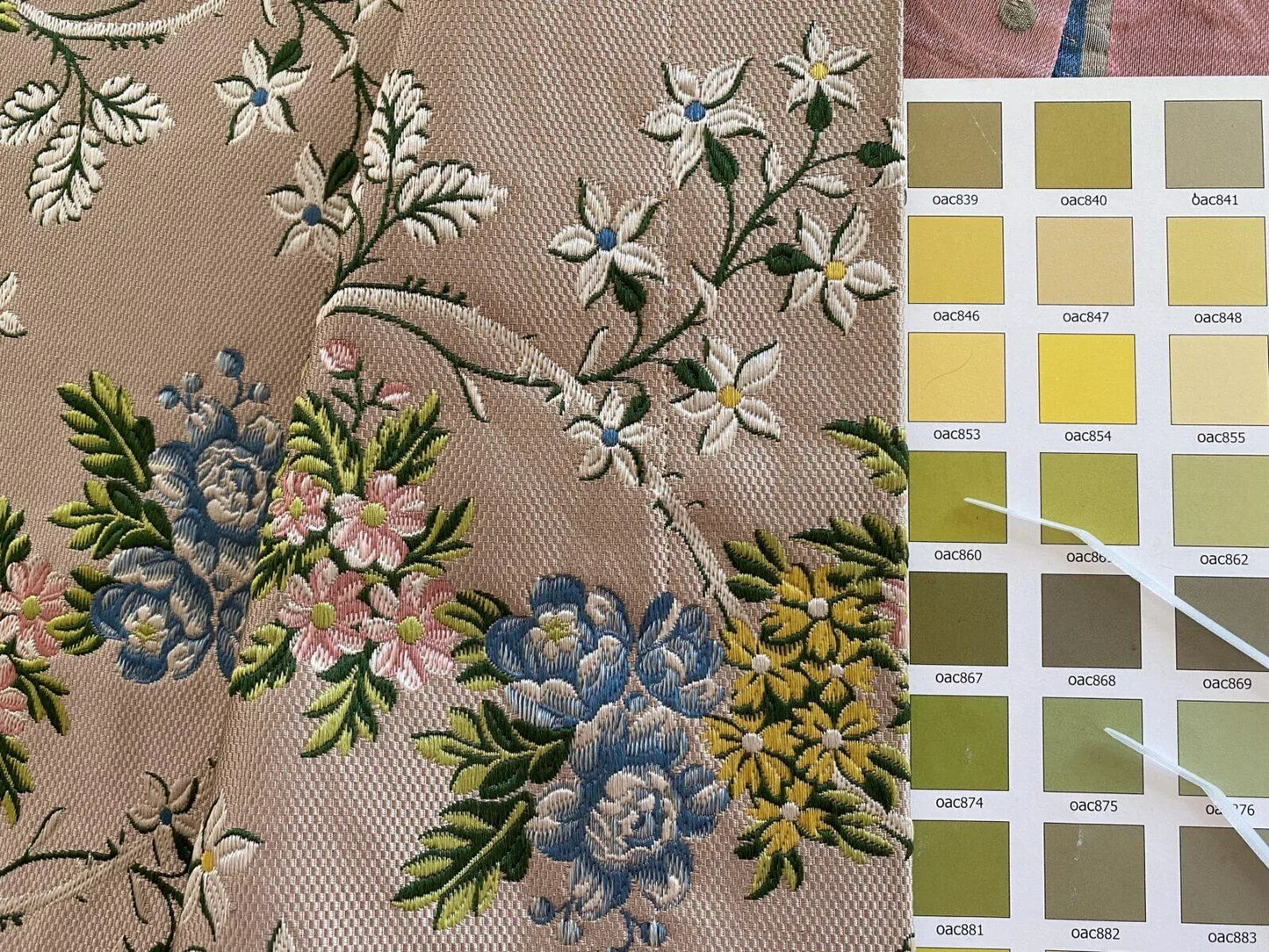 2.5y Tassinari &amp; Chatel Scalamandre 100% Silk Lampas “la Favorite” Flower Lace Pink Blue Green Yellow MSRP USD 2180/yard