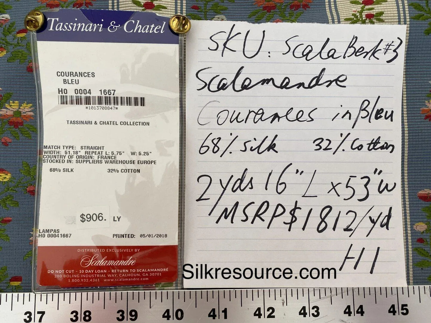 2yd16” Tassinari &amp; Chatel Scalamandre Silk Lampas Courances In Bleu Made In France MSRP USD 1812/yard