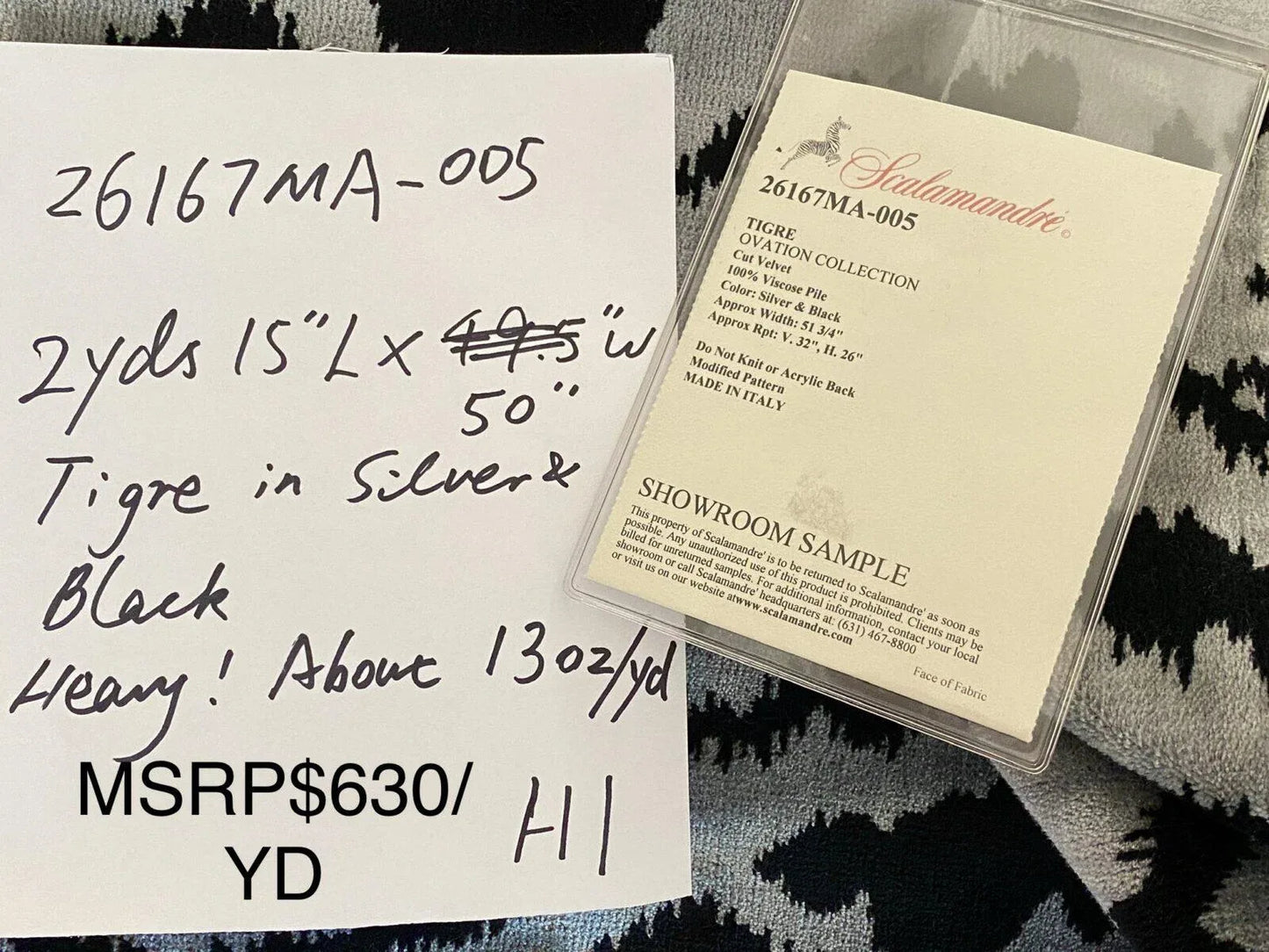 2yd15” Scalamandre Tigre Velvet Silver &amp; Black MSRP USD 756/Y