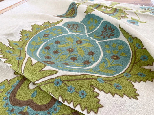 Brunschwig &amp; Fils The Flowers Of Jamakhana Aqua Chartreuse Crewel Embroidery Linen Tulip Pomegranite Blue Green White MSRP USD 596/Y