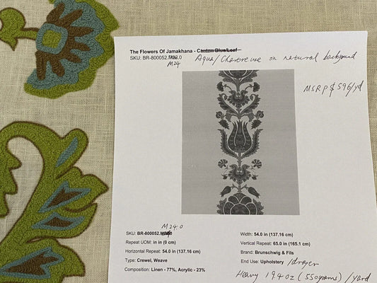 Brunschwig &amp; Fils The Flowers Of Jamakhana Aqua Chartreuse Crewel Embroidery Linen Tulip Pomegranite Blue Green White MSRP USD 596/Y