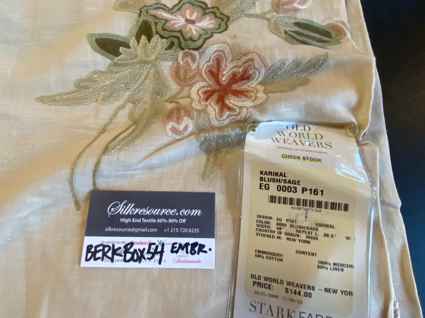 16 Berkbox54 2.4 yard x59" wide Scalamandre Karikal Blush/Sage Cotton Linen Crewel Embroidery Flora Crewel