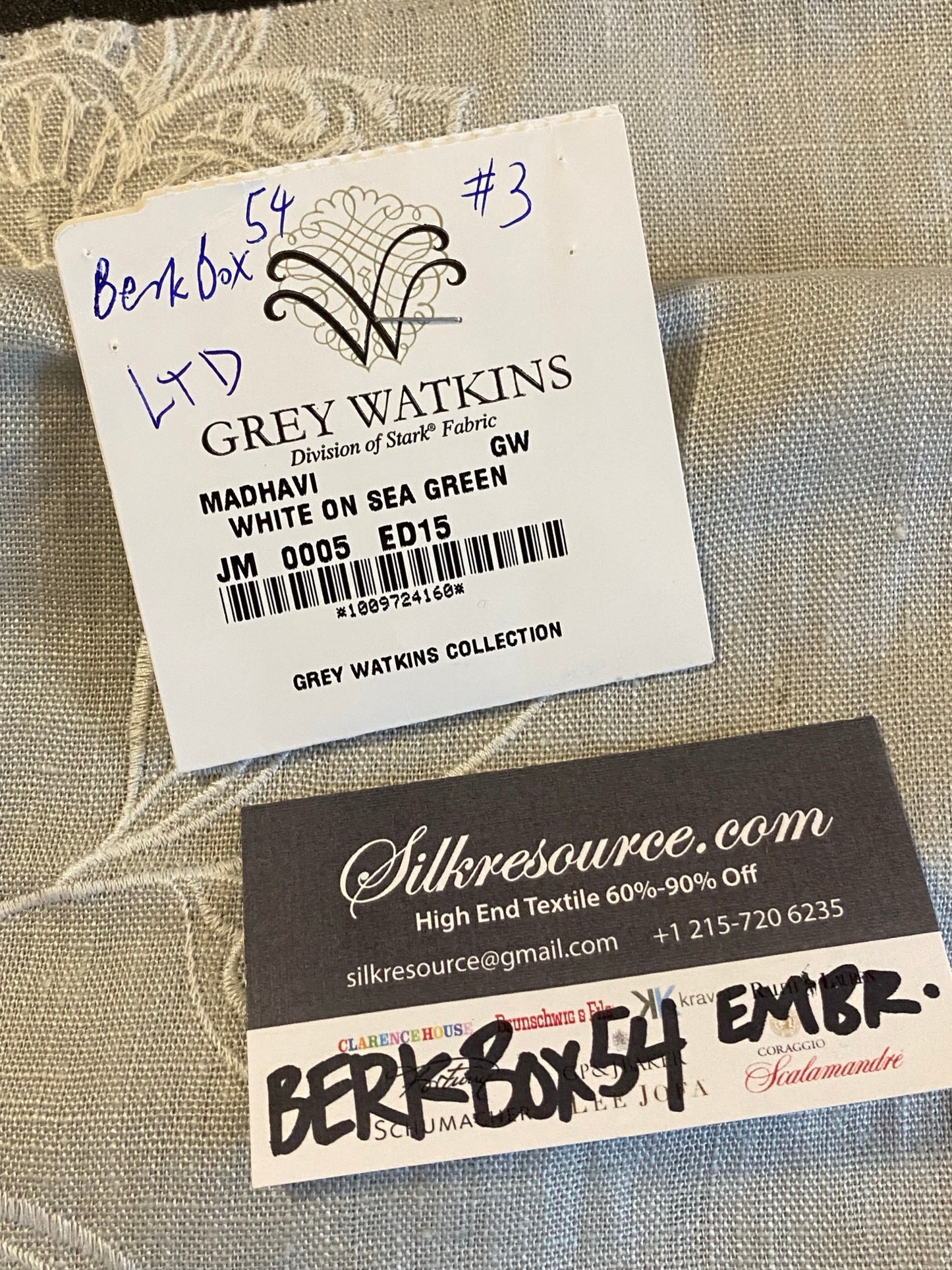 3 Berkbox54  1.25Y x 55" Scalamandre Madhavi White on Seagreen Linen Embroidery Gray Botanical MSRP USD 272/Y
