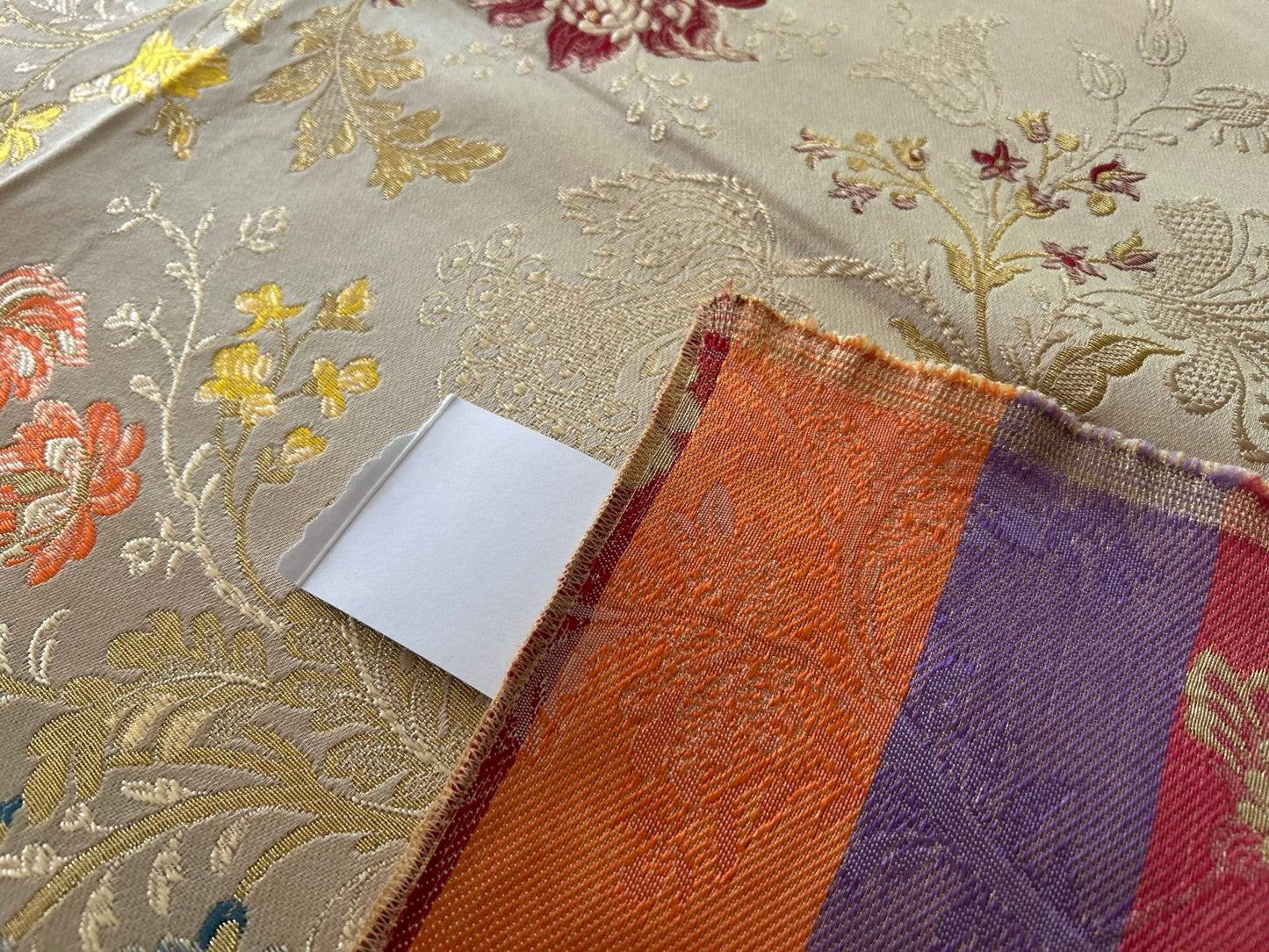 1 yard High End Renaissance Lampas Spanish Valencia Metallic Brocade Garland red green gold on Cream