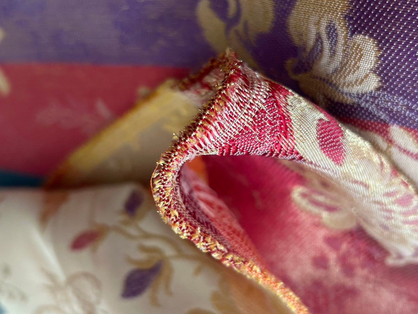 1 yard High End Renaissance Lampas Spanish Valencia Metallic Brocade Garland red green gold on Cream