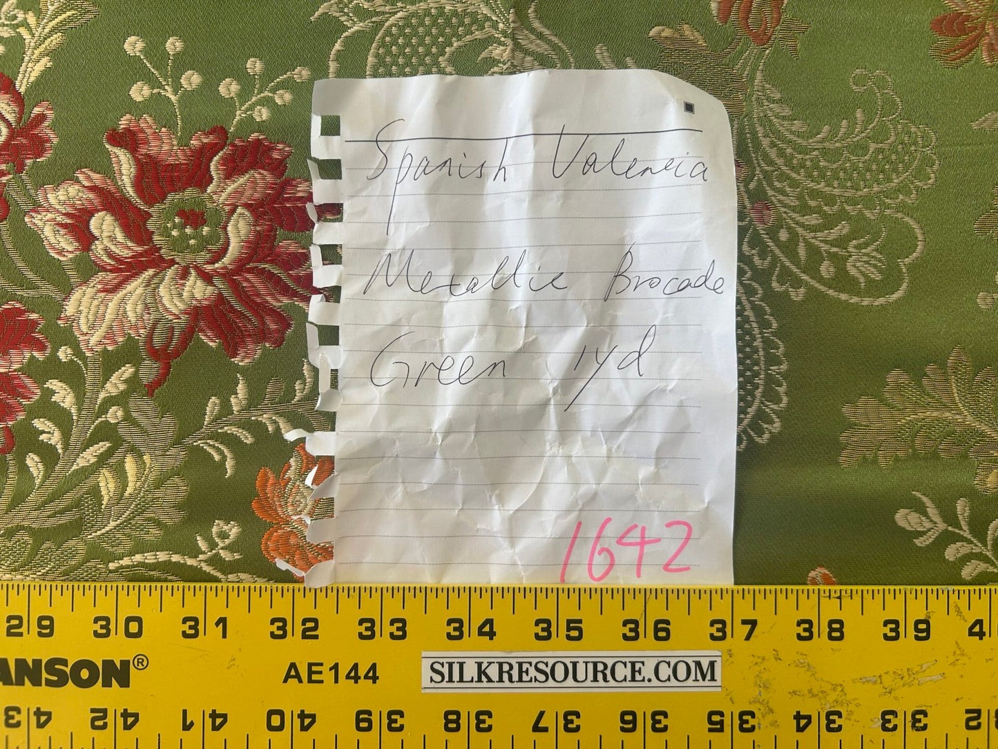 High End Renaissance Lampas Spanish Valencia Metallic Brocade Garland red green gold on Green