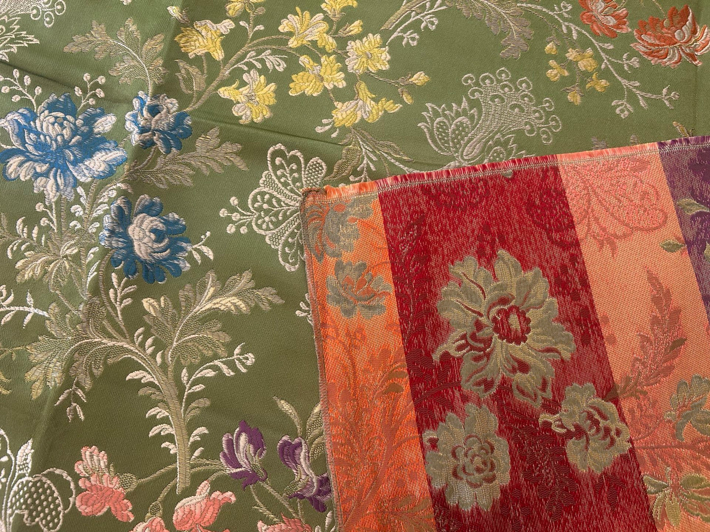 High End Renaissance Lampas Spanish Valencia Metallic Brocade Garland red green gold on Green