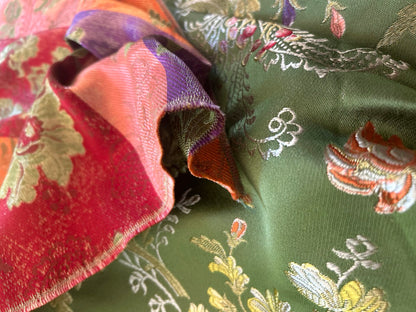 High End Renaissance Lampas Spanish Valencia Metallic Brocade Garland red green gold on Green