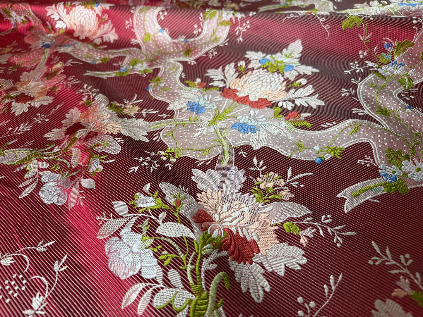 100%silk Lampas Basilica Crimson Red French Court Lace Marie Antoinette By Yard