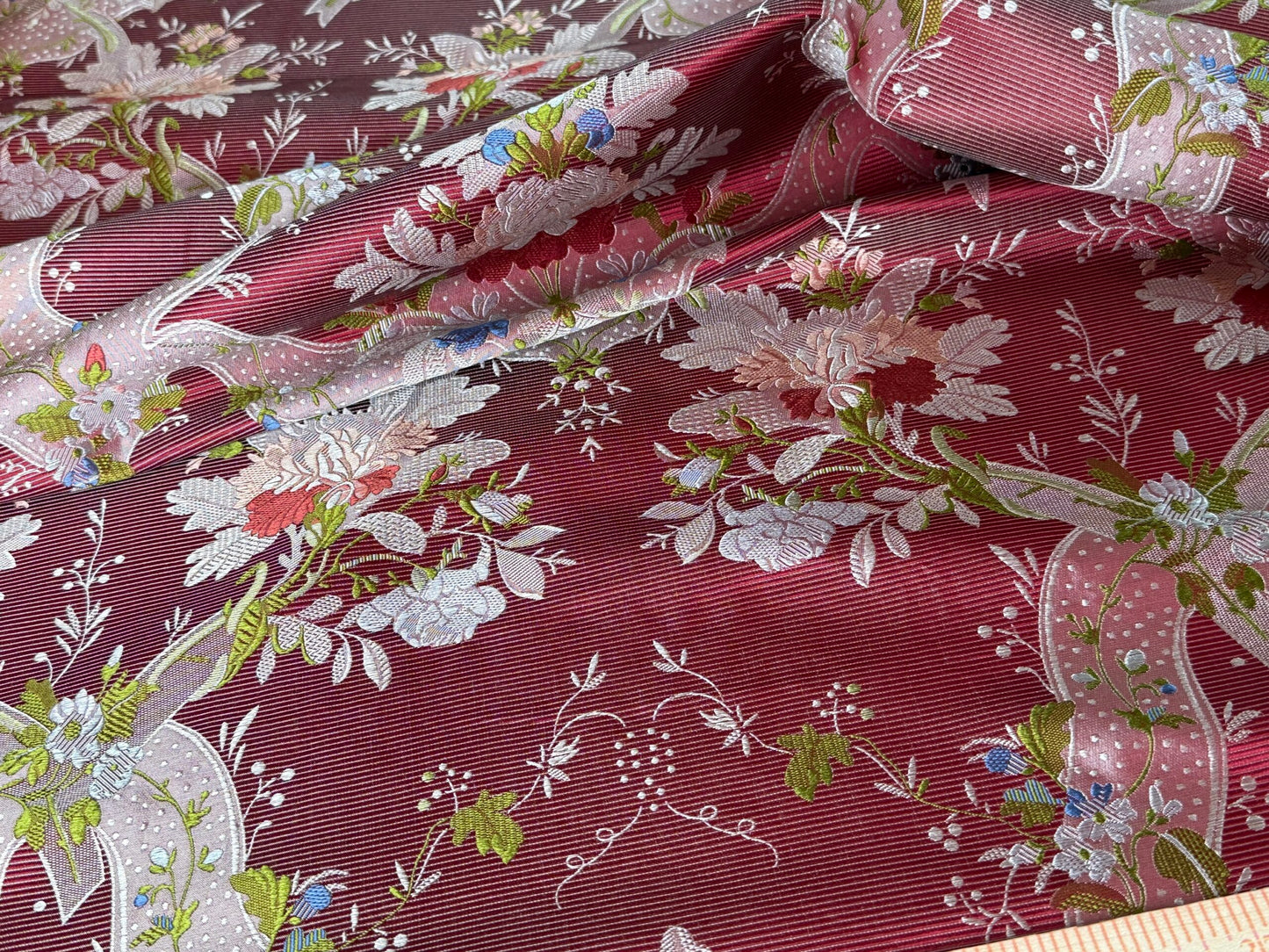 100%silk Lampas Basilica Crimson Red French Court Lace Marie Antoinette By Yard