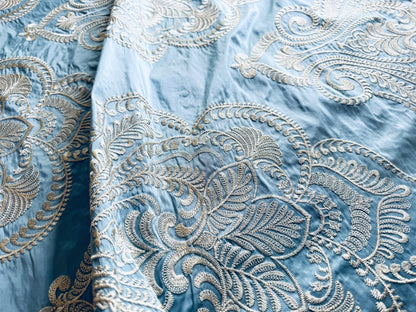 Scalamandre Hillcrest Ivory On Celestial Blue Silk Renaissance Embroidery Medallion Crest Lace Like MSRP USD 394/Y