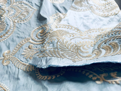 Scalamandre Hillcrest Ivory On Celestial Blue Silk Renaissance Embroidery Medallion Crest Lace Like MSRP USD 394/Y