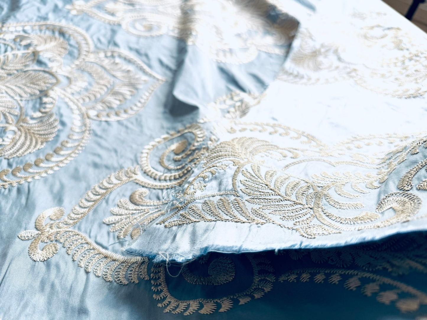 Scalamandre Hillcrest Ivory On Celestial Blue Silk Renaissance Embroidery Medallion Crest Lace Like MSRP USD 394/Y