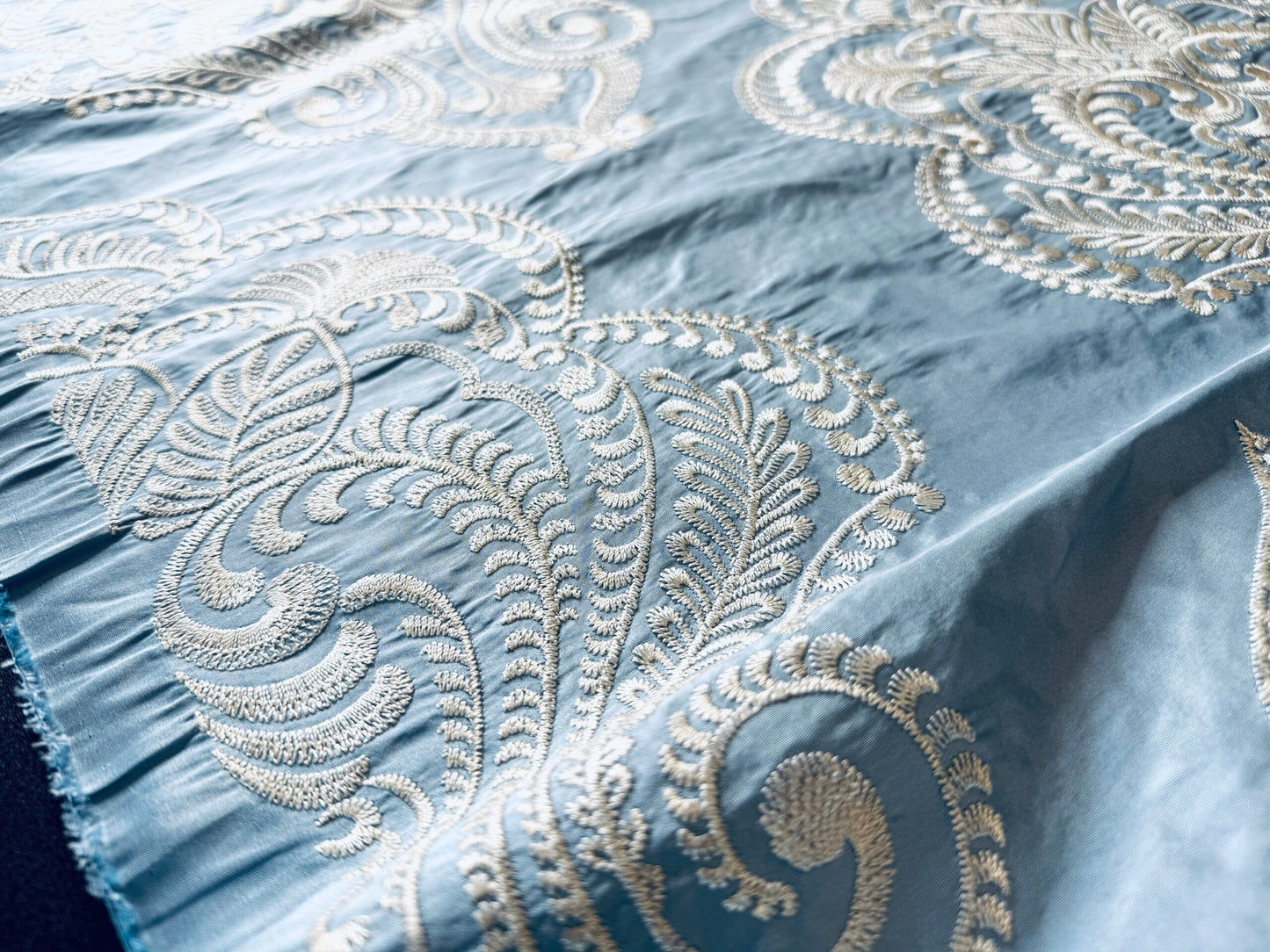 Scalamandre Hillcrest Ivory On Celestial Blue Silk Renaissance Embroidery Medallion Crest Lace Like MSRP USD 394/Y