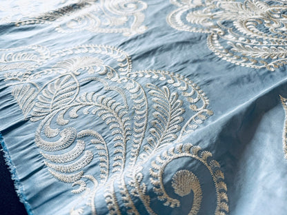 Scalamandre Hillcrest Ivory On Celestial Blue Silk Renaissance Embroidery Medallion Crest Lace Like MSRP USD 394/Y