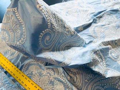 Scalamandre Hillcrest Ivory On Celestial Blue Silk Renaissance Embroidery Medallion Crest Lace Like MSRP USD 394/Y