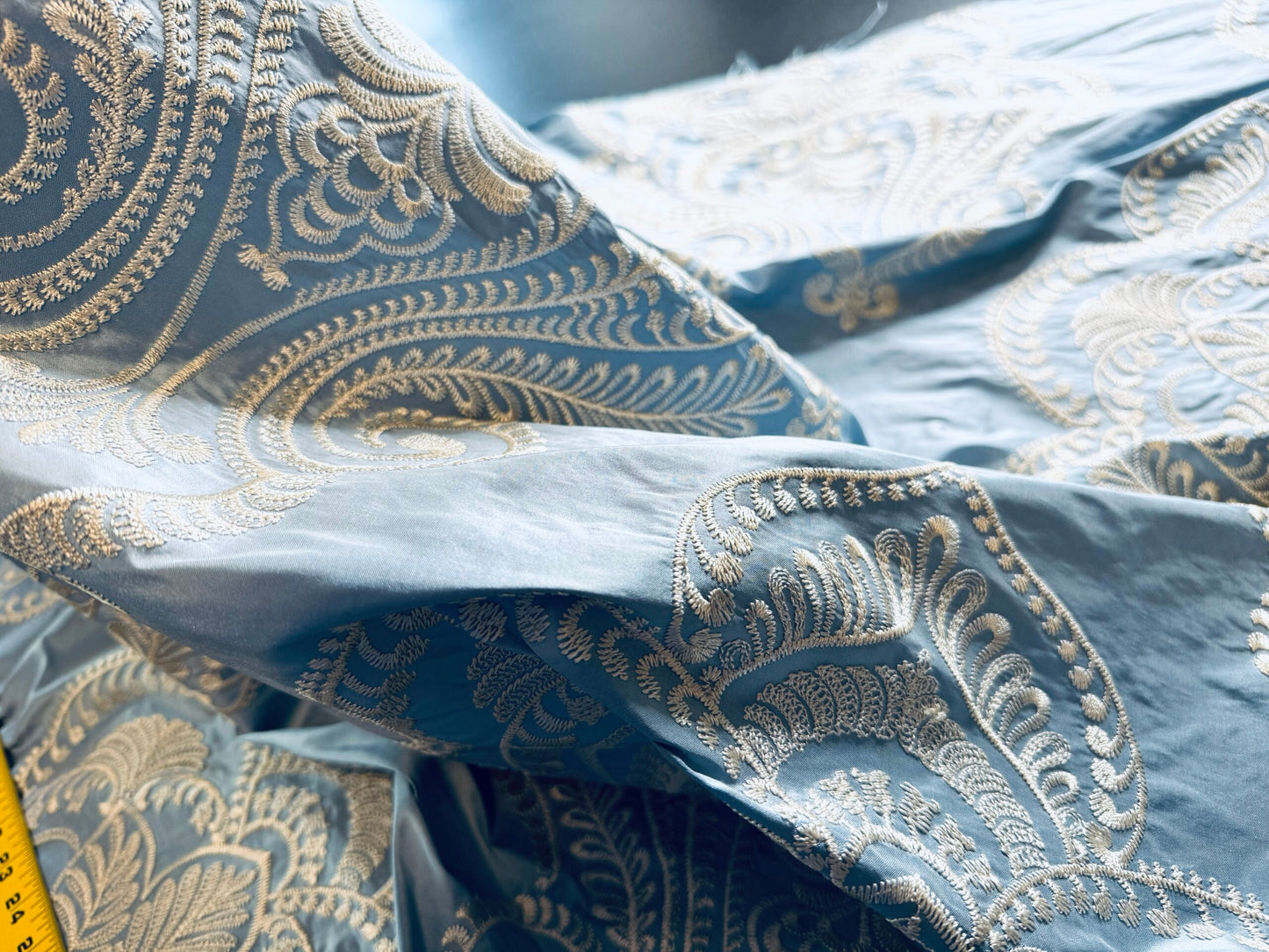 Scalamandre Hillcrest Ivory On Celestial Blue Silk Renaissance Embroidery Medallion Crest Lace Like MSRP USD 394/Y