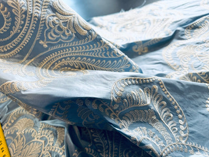 Scalamandre Hillcrest Ivory On Celestial Blue Silk Renaissance Embroidery Medallion Crest Lace Like MSRP USD 394/Y