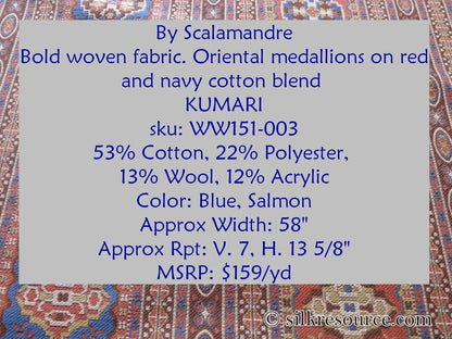 By Yard Scalamandre Kumari Wool South Western Tibetan Damask Navy Salmon MSRP USD 159/Y