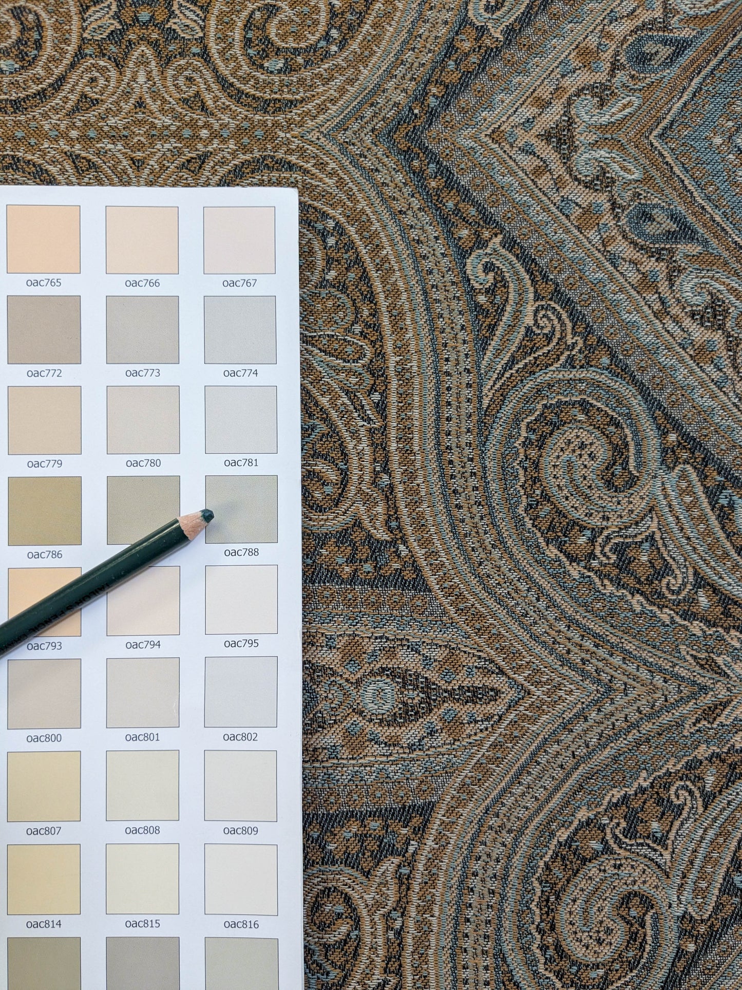 Scalamandre Visconti in Neutral Wool and Cotton Damask Paisley Mineral - Blue Sage Green - By The Yard