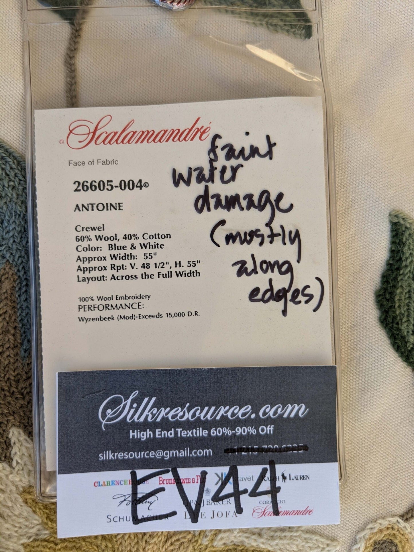 13 EV44 2.2yd x 55" Scalamandre Antoine Blue and White Wool Crewel on Cotton Embroidery  MSRP USD 338/Y