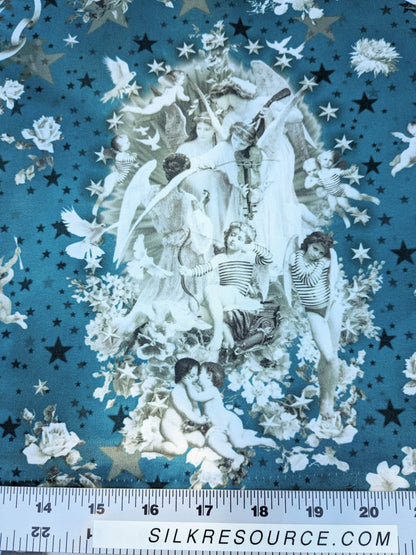 45 EV35 Length 1.4y Jean Paul Gaultier Angelots Petrole Blue W Floral Landscape Medallion MSRP USD 506/y