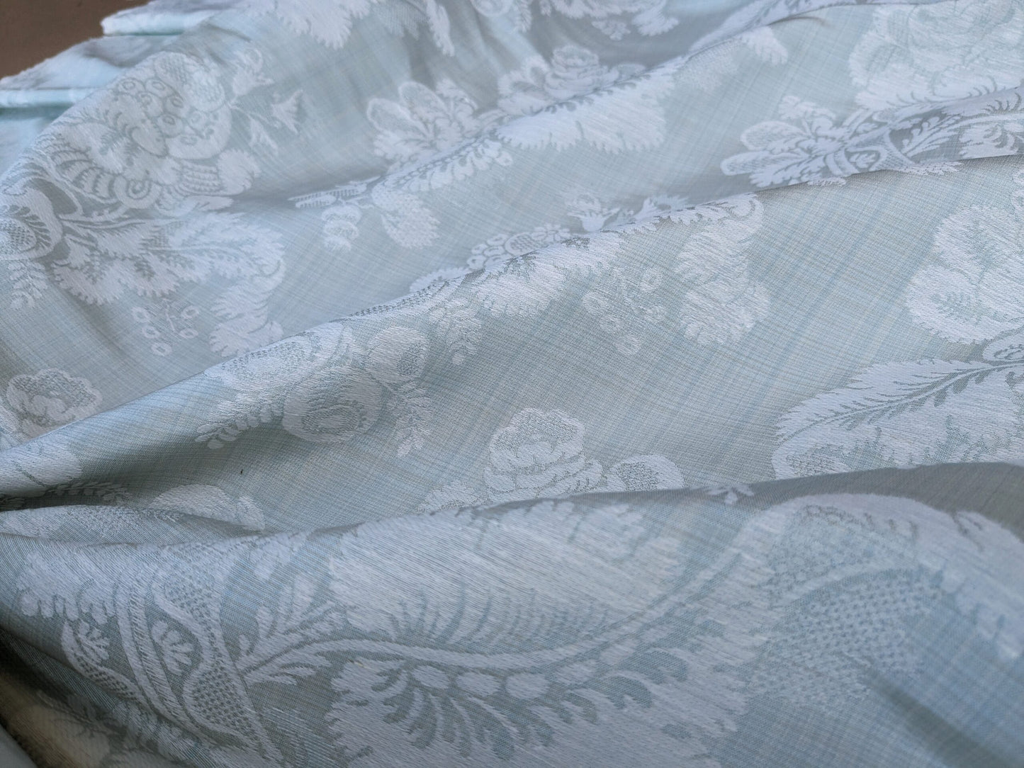 By Yard Scalamandre Uppsala White On Gustavian Blue Green Silk Damask MSRP USD 588/y