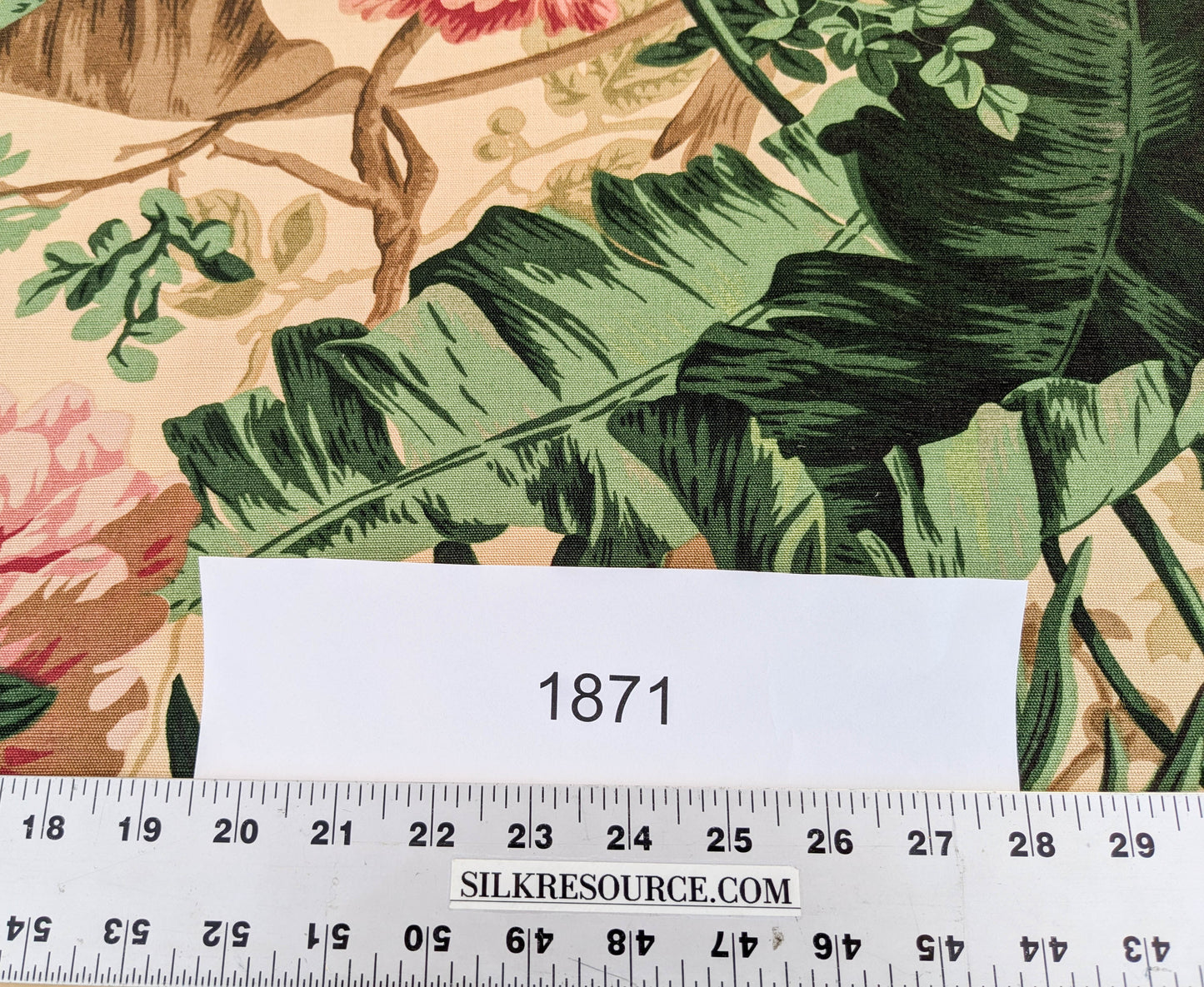 Historical Bella Flora Tropical Floral Chintz Linen Cotton Print Fabric- Pink on  Beige - By The Yard