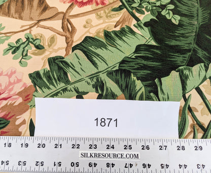 Historical Bella Flora Tropical Floral Chintz Linen Cotton Print Fabric- Pink on  Beige - By The Yard