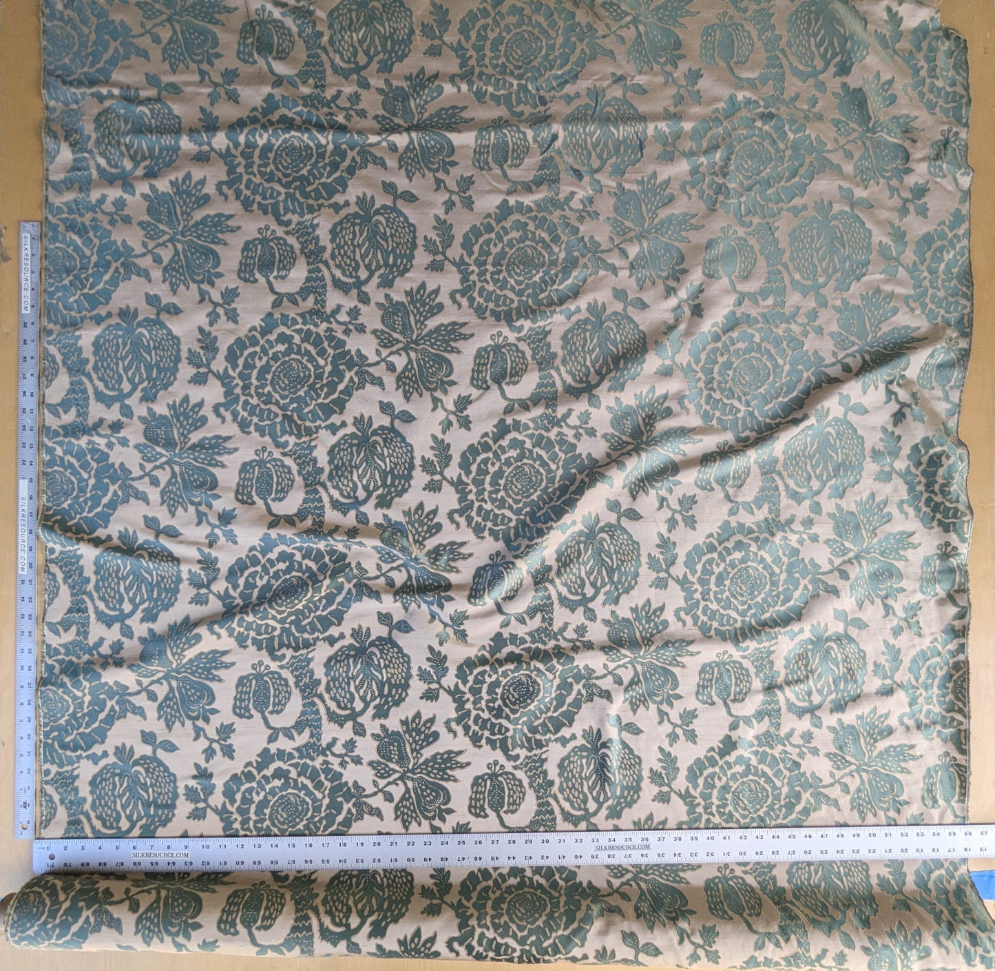 BTY 100% Silk Lampas Papercut Tree Of Life Pom "Aquamist" Aqua Blue Beige
