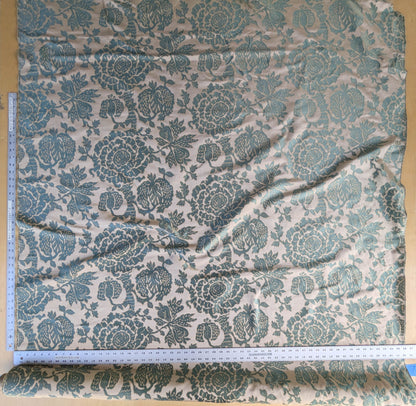 BTY 100% Silk Lampas Papercut Tree Of Life Pom "Aquamist" Aqua Blue Beige