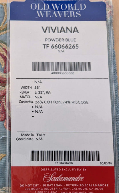 69 EV50 27" x 26" Scalamandre Old World Weavers Viviana Powder Blue Viscose Floral Botanical MSRP USD 328/Y