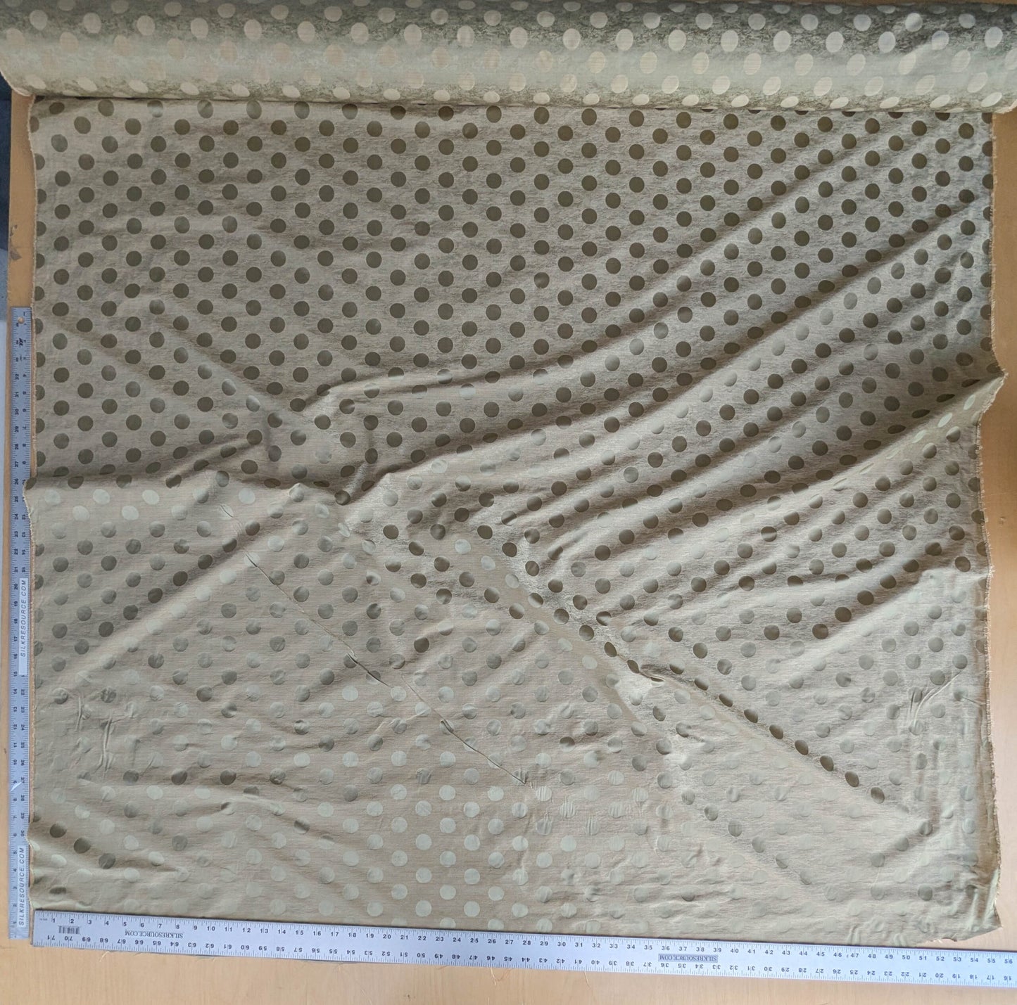 B. Berger Duralee 100% Silk Damask Polka Dot "Aspen" Beige Reversible Strie and Satin Mid-Century MSRP USD 250/Y