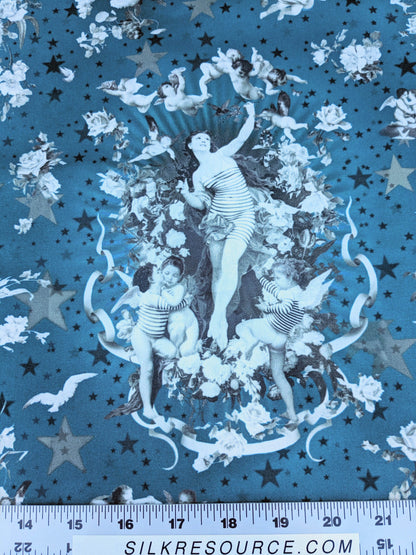 45 EV35 Length 1.4y Jean Paul Gaultier Angelots Petrole Blue W Floral Landscape Medallion MSRP USD 506/y