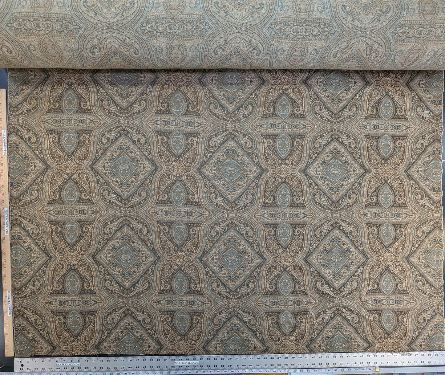 Scalamandre Visconti in Neutral Wool and Cotton Damask Paisley Mineral - Blue Sage Green - By The Yard