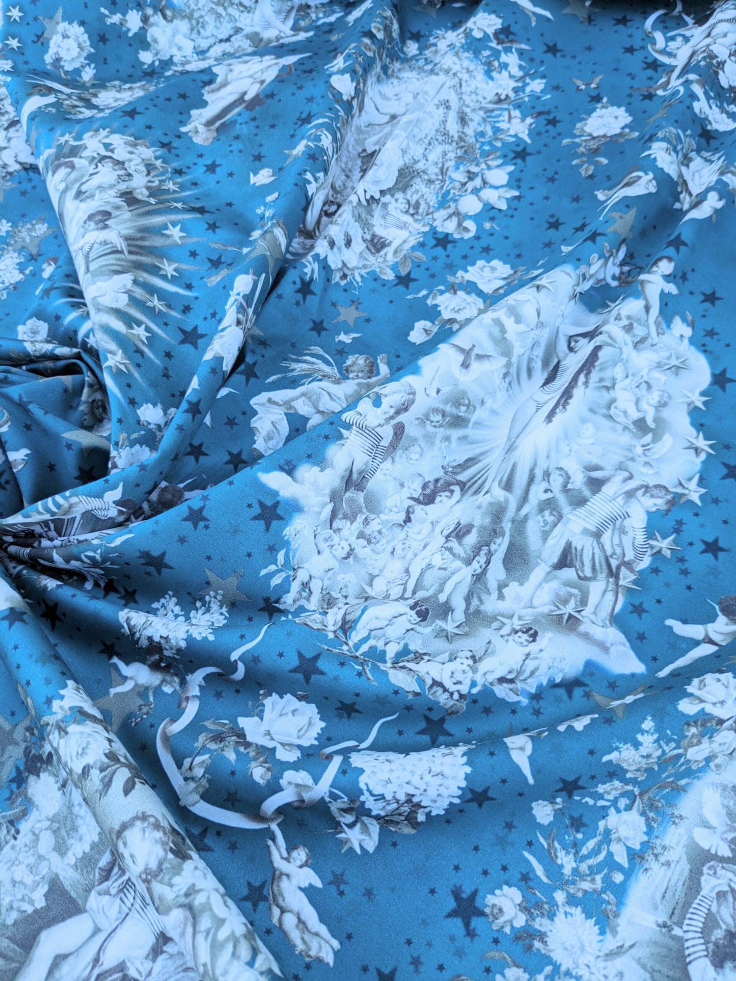 45 EV35 Length 1.4y Jean Paul Gaultier Angelots Petrole Blue W Floral Landscape Medallion MSRP USD 506/y