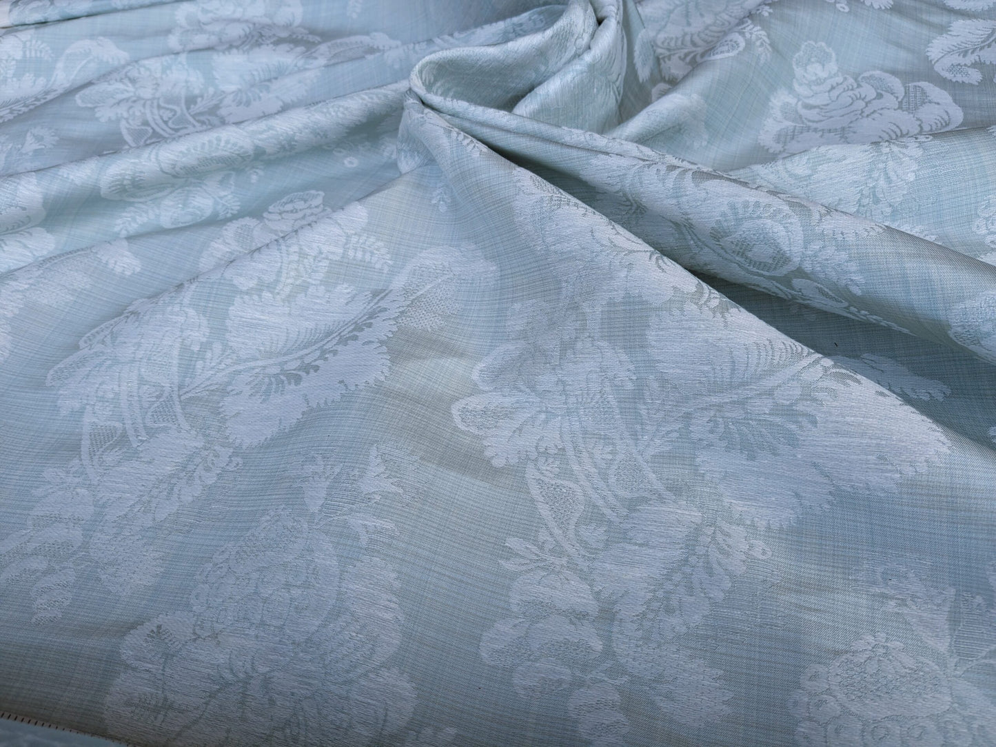 By Yard Scalamandre Uppsala White On Gustavian Blue Green Silk Damask MSRP USD 588/y