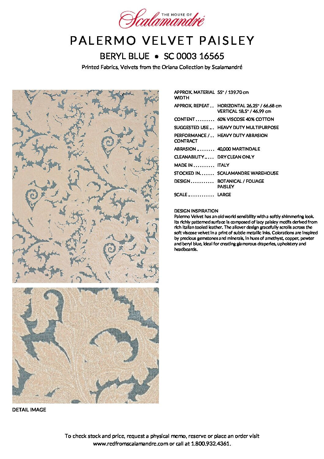 Scalamandre Palermo Velvet Paisley Beryl Blue Printed Velvet Botanical Foliage
