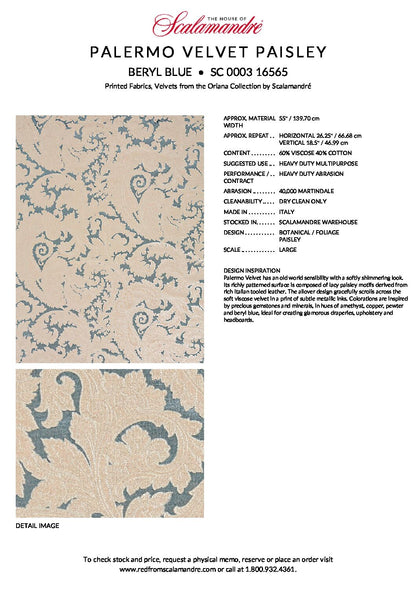 Scalamandre Palermo Velvet Paisley Beryl Blue Printed Velvet Botanical Foliage