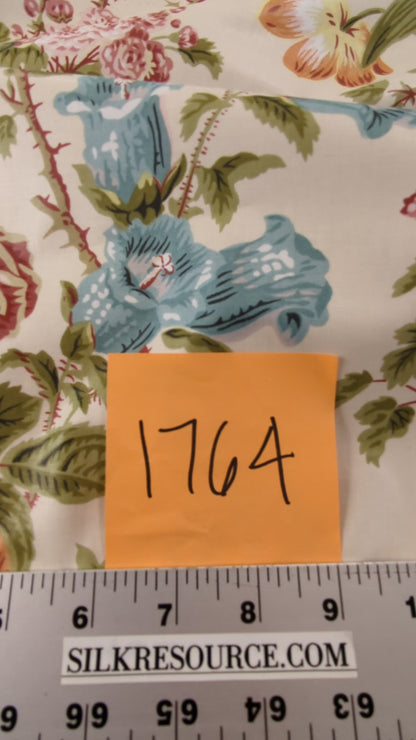 Claire Austin English Cottage Climbing Rose Bluebell Chintz Print Red Green Pink Yellow on Pale Pink 100% Cotton MSRP USD 355/Y
