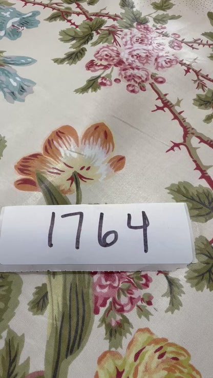 Claire Austin English Cottage Climbing Rose Bluebell Chintz Print Red Green Pink Yellow on Pale Pink 100% Cotton MSRP USD 355/Y
