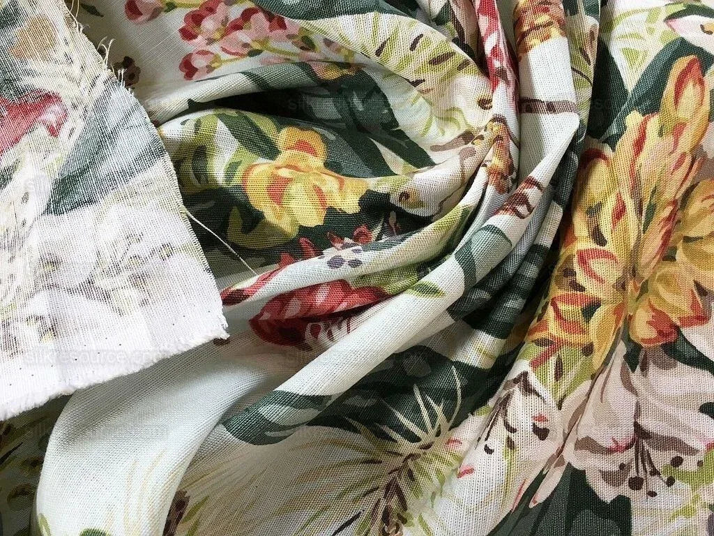 Scalamandre Mountain Greenery Linen Print Icy Green Blue Rhododendron, Lily, Pine &amp; Wild Chrysanthemum MSRP USD 504