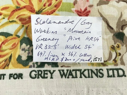 Scalamandre Mountain Greenery Linen Print Icy Green Blue Rhododendron, Lily, Pine &amp; Wild Chrysanthemum MSRP USD 504