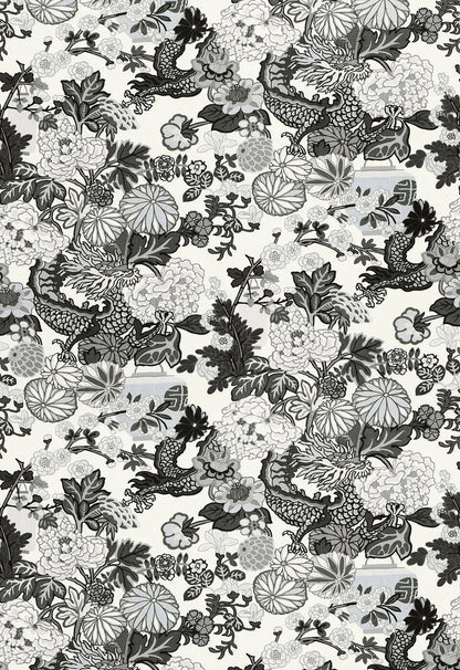 By yard Schumacher Chiang Mai Dragon Black /grey On Smoke Linen Print 173276