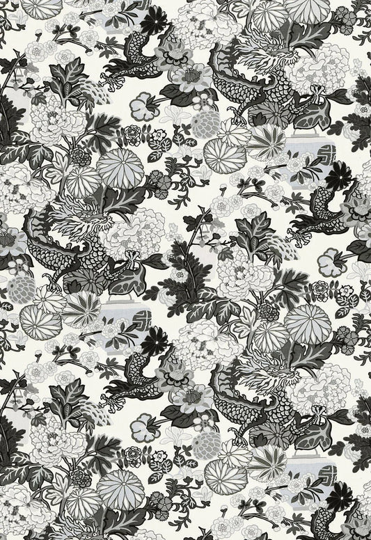 By yard Schumacher Chiang Mai Dragon Black /grey On Smoke Linen Print 173276